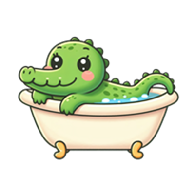 En farverig og tegneserieagtig krokodille, der slapper af i et badekar med bobler.