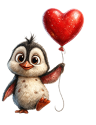 En sød pingvin holder en rød hjerteballon og ser glad ud.