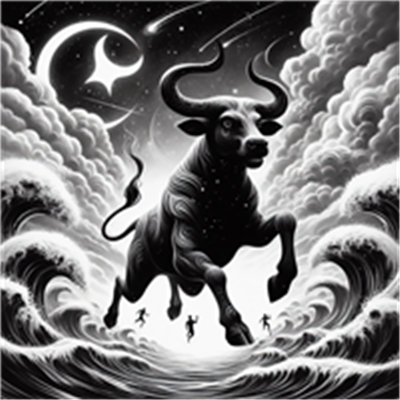 En dramatisk sort-hvid illustration af en tyr, der springer gennem bølger under en stjerneklar himmel.