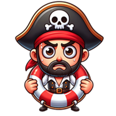 En tegneseriefigur af en pirat med en rød bandana og en redningskrans.