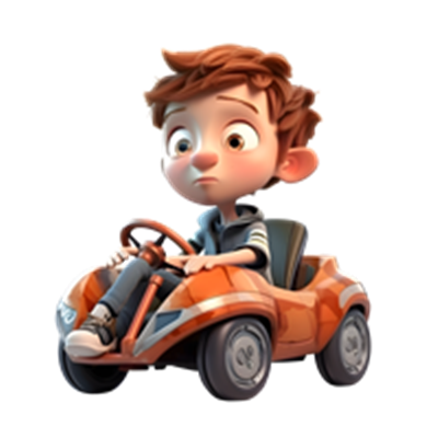 En ung dreng sidder i en orange gokart med et tænksomt udtryk.