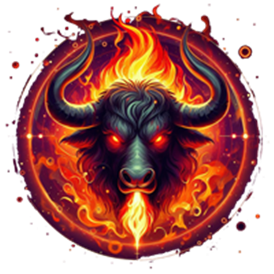 Et dramatisk billede af et tyrhoved omgivet af flammer og lys, der udstråler kraft.