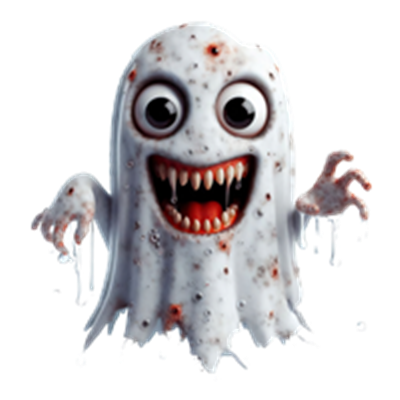 Et farverigt og uhyggeligt spøgelse med store øjne og en bred grin, der ser skræmmende ud.