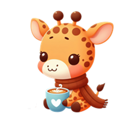 En sød, tegnet giraf iført et tørklæde, der holder en kop med varm drik.