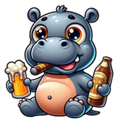 En sød, cartoon-lignende flodhest, der holder en øl og en sodavand, med en cigar i munden.