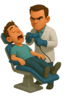 En tandlæge behandler en nervøs patient i tandlægestolen.