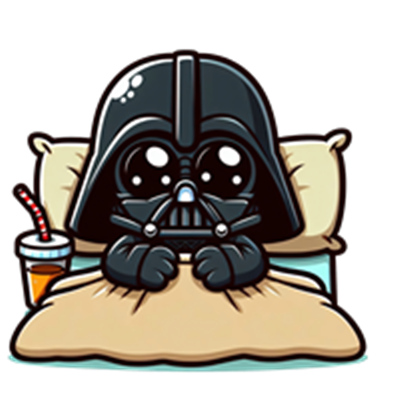 En tegneserieversion af Darth Vader, der ligger i sengen med store øjne og en drink.