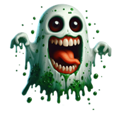 Et farverigt og komisk spøgelse med store øjne og en lang tunge, dækket af slim.