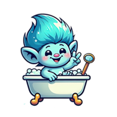 En sød trold med blå hår, der sidder i et badekar fyldt med skum og vinker.