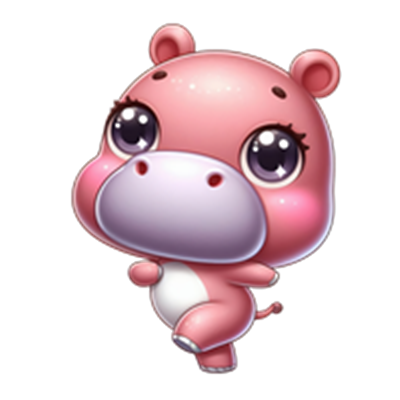 En sød, tegnet flodhest med store øjne og en glad udtryk, der ser ud til at danse.