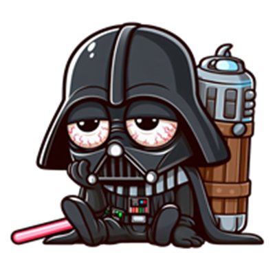 En sød, cartoon-agtig version af en Sith med træt udtryk og lyssværd.