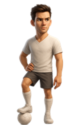 En animeret fodboldspiller står med en bold, iført sportstøj.