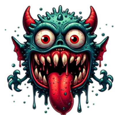 Et farverigt og skræmmende monster med store øjne, skarpe tænder og en lang tunge.