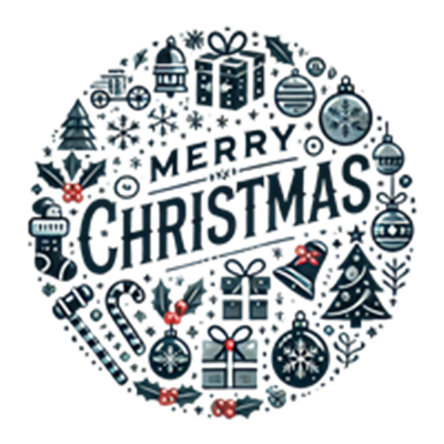 Et cirkulært design med julemotiver som gaver, juletræer og snefnug.