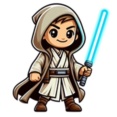 En tegneseriefigur af en ung Jedi i kappe med et blått lyssværd.