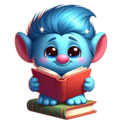 En sød, blå figur med store øjne, der sidder med en bog på en stak bøger.