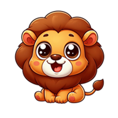 En farverig og sød tegnet løve med en venlig mine, der sidder og ser glad ud.