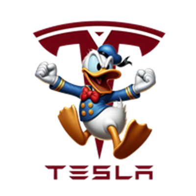 Et billede af Anders And, der jubler foran Tesla-logoet.