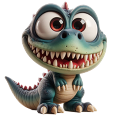 En sød og farverig tegneserie-drage med store øjne og et stort smil.