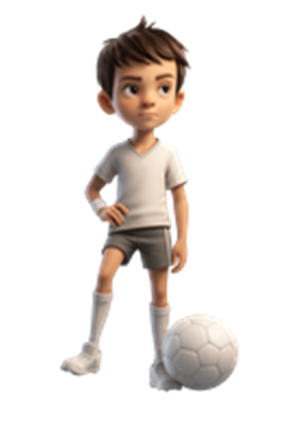 En animeret dreng står selvsikkert med en fodbold ved sin side.