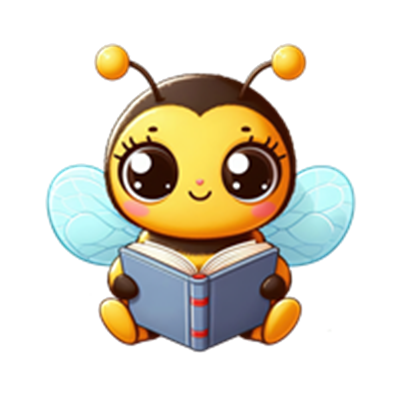 En nuttet bi sidder og læser en bog med store, glade øjne.