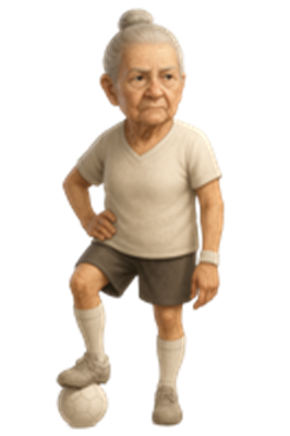 En ældre kvinde i sportstøj står med en fodbold, klar til at spille.