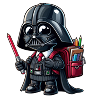 En sød, cartoon-agtig version af Darth Vader med en rygsæk fyldt med skoleartikler.