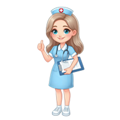 En tegnet sygeplejerske med langt hår, iført en blå uniform og en hvid hat, giver tommel op.