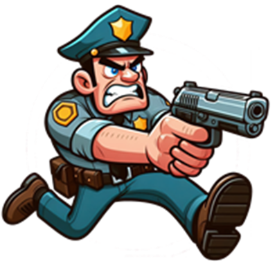 En tegneserieagtig politibetjent, der løber med en pistol, klar til at handle.
