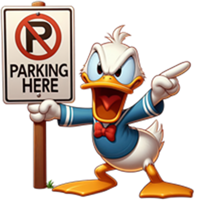 En tegneseriefigur, Donald Duck, peger på et parkeringsskilt med teksten PARKING HERE.
