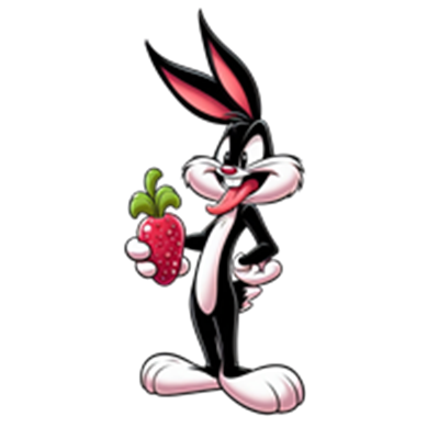 En farverig tegneseriekanin, der holder et jordbær og har et legende udtryk.