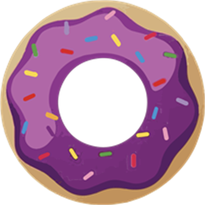 En illustration af en lilla doughnut med farverig krymmel på toppen.