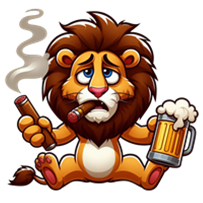 En cartoon-lignende løve sidder afslappet med en cigar i den ene pote og en øl i den anden.
