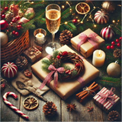 Billedet viser en festlig julestemning med gaver, pynt, lys og en champagneglas.