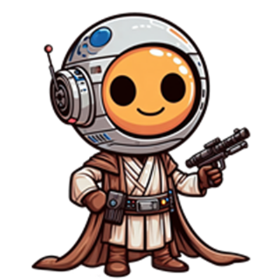 En sød, animeret figur i rumdragt med et glat ansigt og en laserpistol.