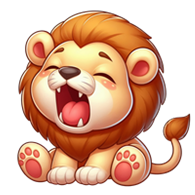 En tegneserieagtig løve, der sidder og brøler med et glad udtryk.