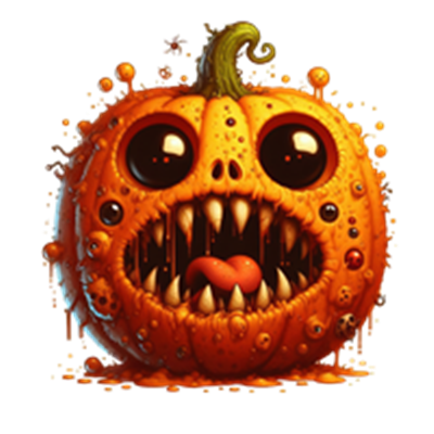 Et uhyggeligt græskar med store øjne og en skræmmende mund, dekoreret med bobler.