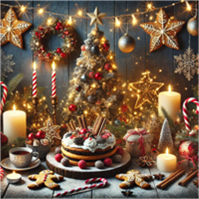 Et festligt julebord med en kage, lys, pynt og en juletræ i baggrunden.