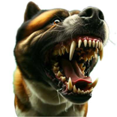 Et nærbillede af en hund, der viser tænderne og ser truende ud.