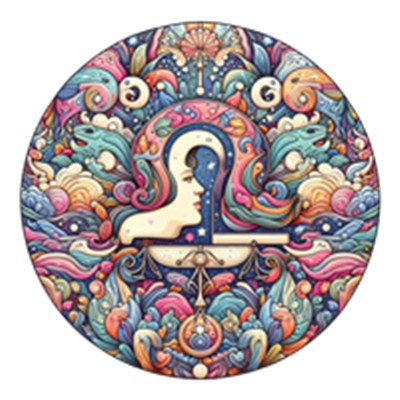 Et detaljeret, farverigt billede med en kvindeansigt og naturinspirerede elementer i en cirkulær komposition.