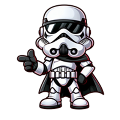 En sød, tegneserieagtig stormtrooper iført en kappe og solbriller, der peger.