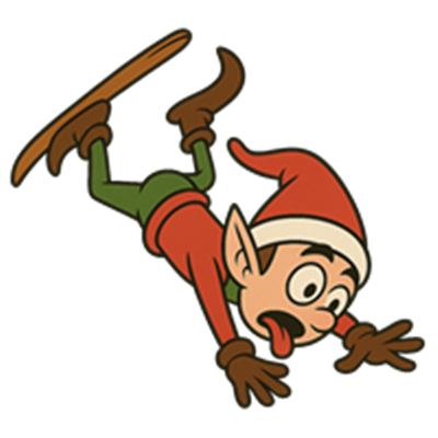En tegnet elf, der falder ned, mens han prøver at stå på skøjter.