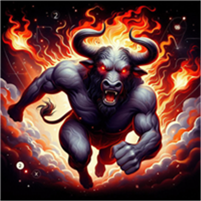 En kraftfuld tyr med flammer omkring sig, der flyver gennem et stjernespækket rum.