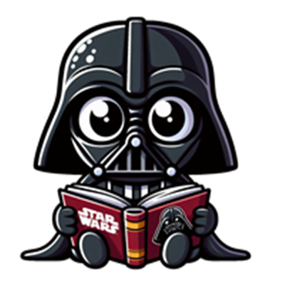 En tegneserieversion af Darth Vader, der sidder og læser en bog om Star Wars.