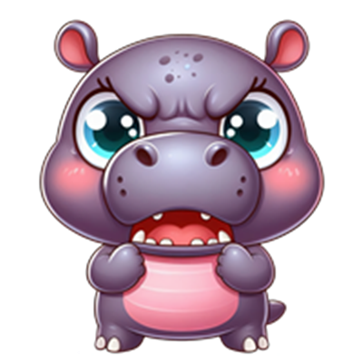 En tegneserieagtig flodhest med store øjne og en sur mine, der ser ud til at være vred.