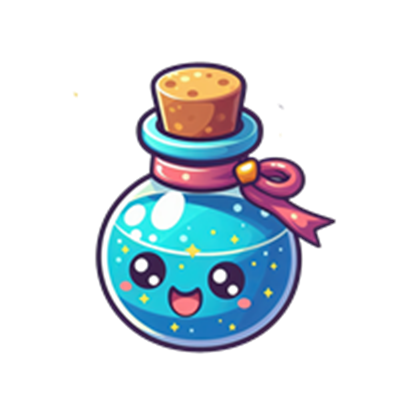 En farverig og glad potionflaske med ansigt, der stråler af magi.