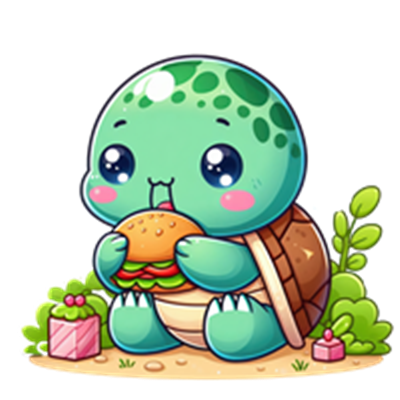 En farverig, tegneserieagtig skildpadde, der nyder en burger i en grøn have.