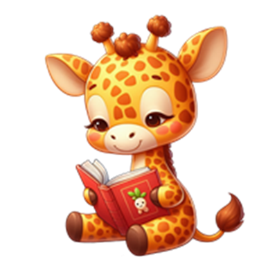 En sød, tegnet giraf sidder og læser en rød bog med et smil.