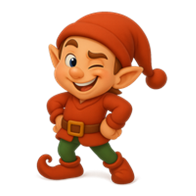 En farverig nisse i rød dragt og grønne bukser, der står med et selvsikkert smil.