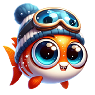 En farverig, tegneserieagtig fisk iført en hue og svømmebriller, med store, udtryksfulde øjne.